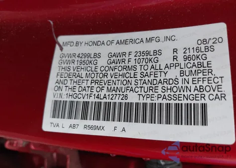 2020 Honda Accord Lx from USA, damaged, VIN 1HGCV1F14LA127726